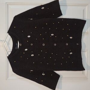 Greige Dark Brown Wool/Knit Half Sleeves Cardigan Button Jewel Embellished